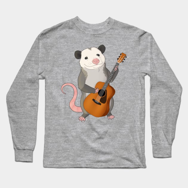 Opossum playing guitar Long Sleeve T-Shirt by Mehu Art